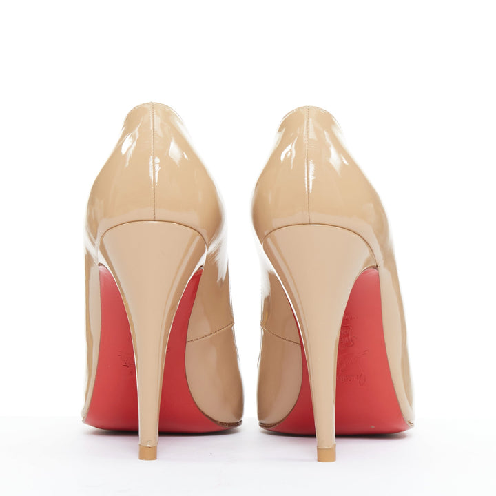 CHRISTIAN LOUBOUTIN taupe nude patent leather stiletto almond pumps EU38