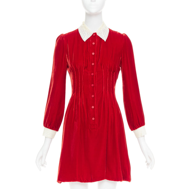 DIOR 2017 Runway red crushed velvet cream lace trim pleated dress FR34 XS