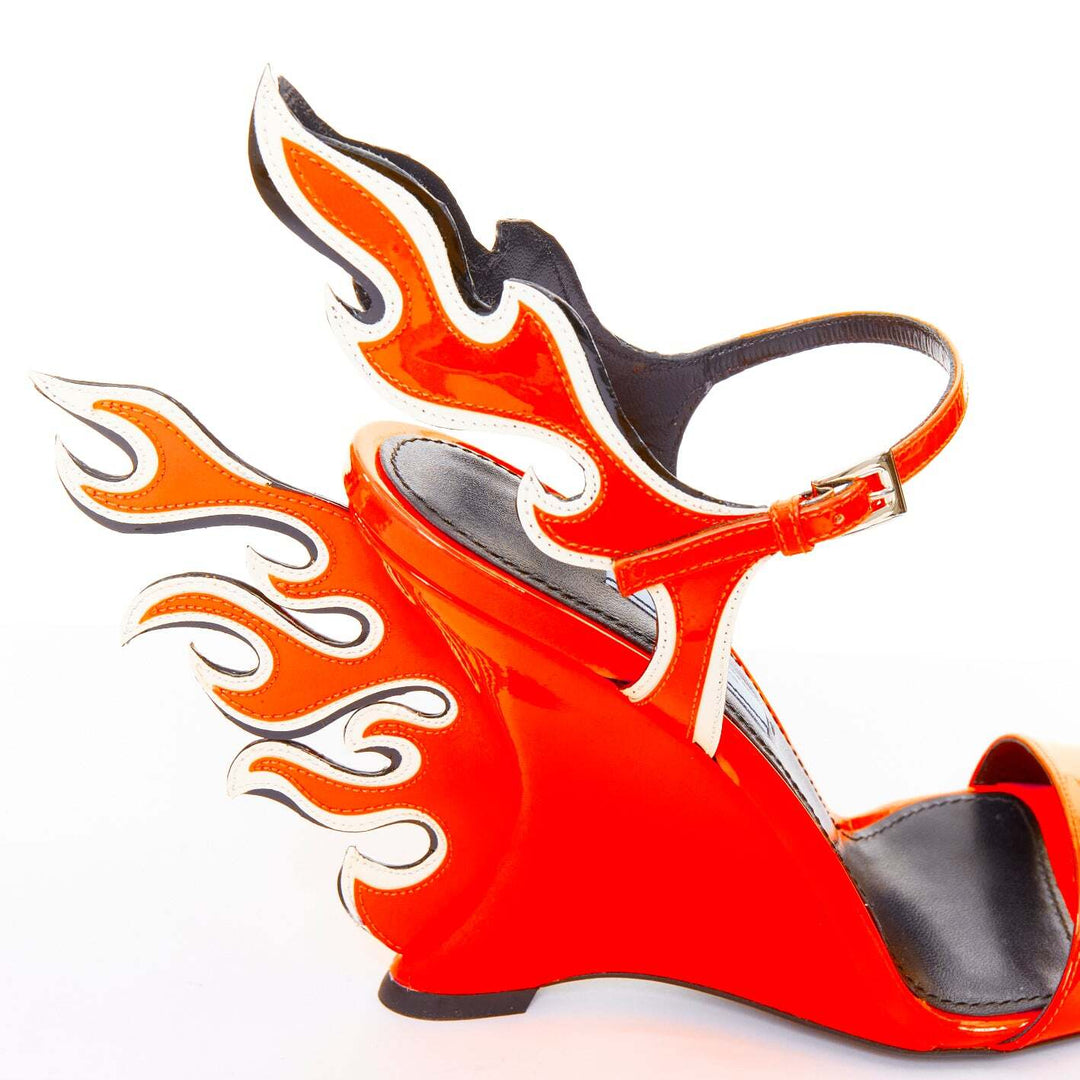 rare PRADA 2018 Flame Wedge neon orange patent Fire heel sandal EU37.5