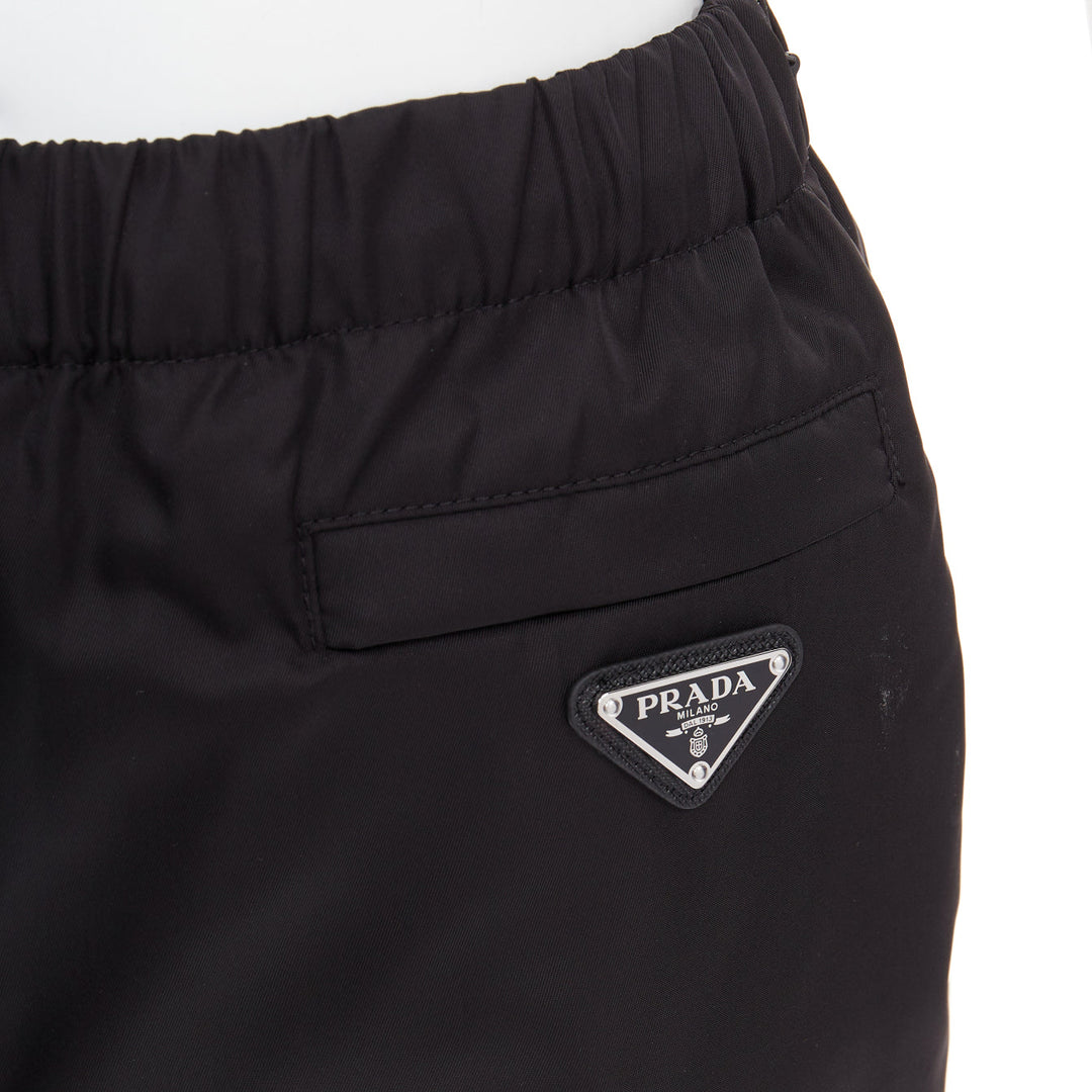 PRADA black silver logo leather plague nylon high waist tapered jogger pants