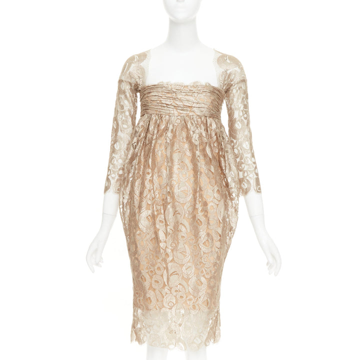 ROMEO GIGLI JOYCE Vintage ruched empire lace gold draped cocktail dress IT36 XXS