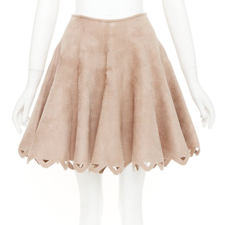 ALAIA nude beige wool velour laser cut hem flared skater skirt FR38 M