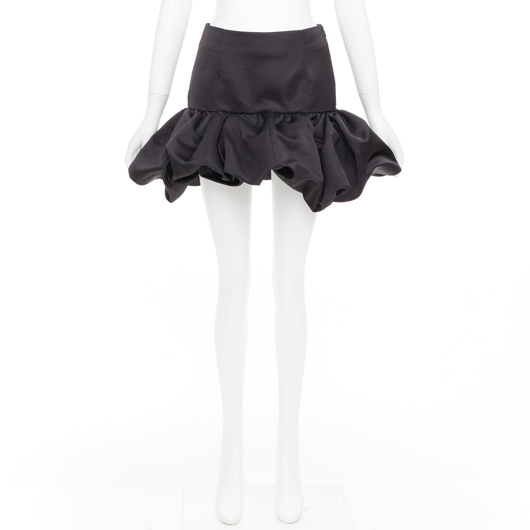 AREA black satin ruffle hem high waisted puffy mini skirt US2 XS