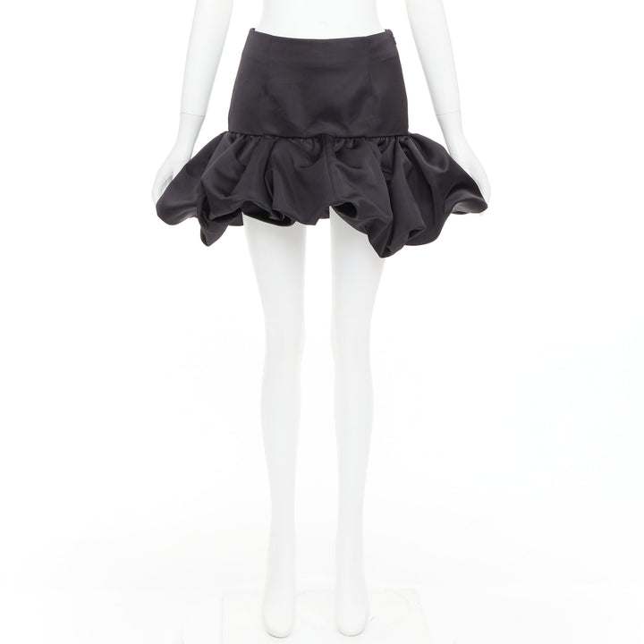 AREA black satin ruffle hem high waisted puffy mini skirt US2 XS