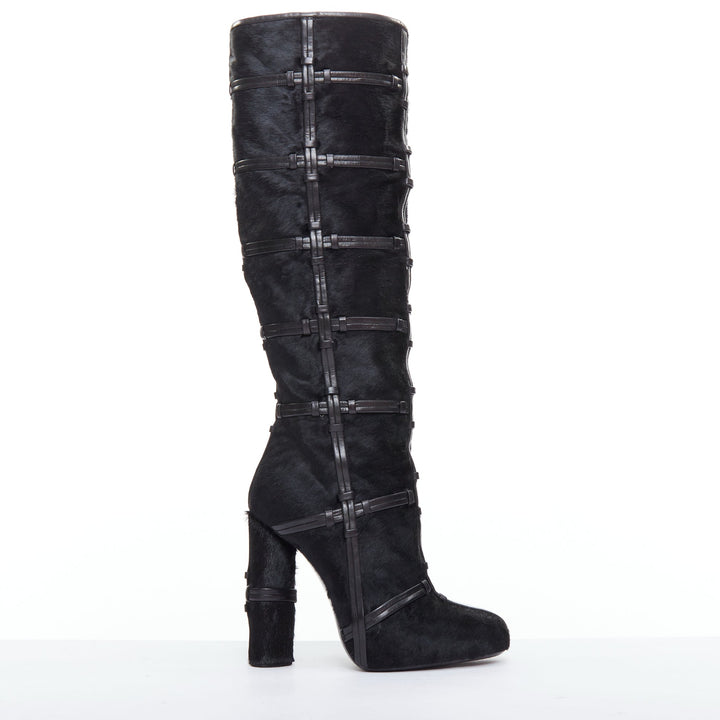 TOM FORD black ponyhair leather cage trim block heeled boots EU36