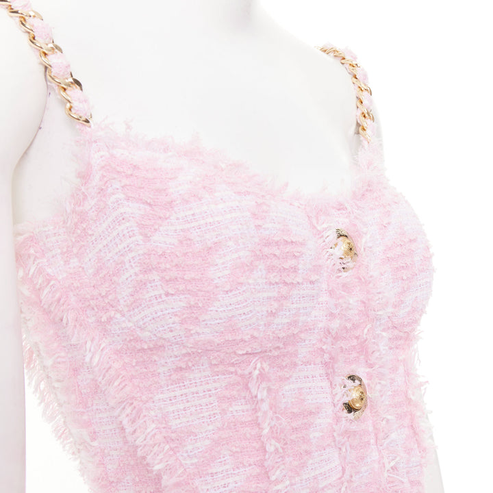 BALMAIN 2025 pink white houndstooth tweed flared min dress FR36 S Taylor Swift