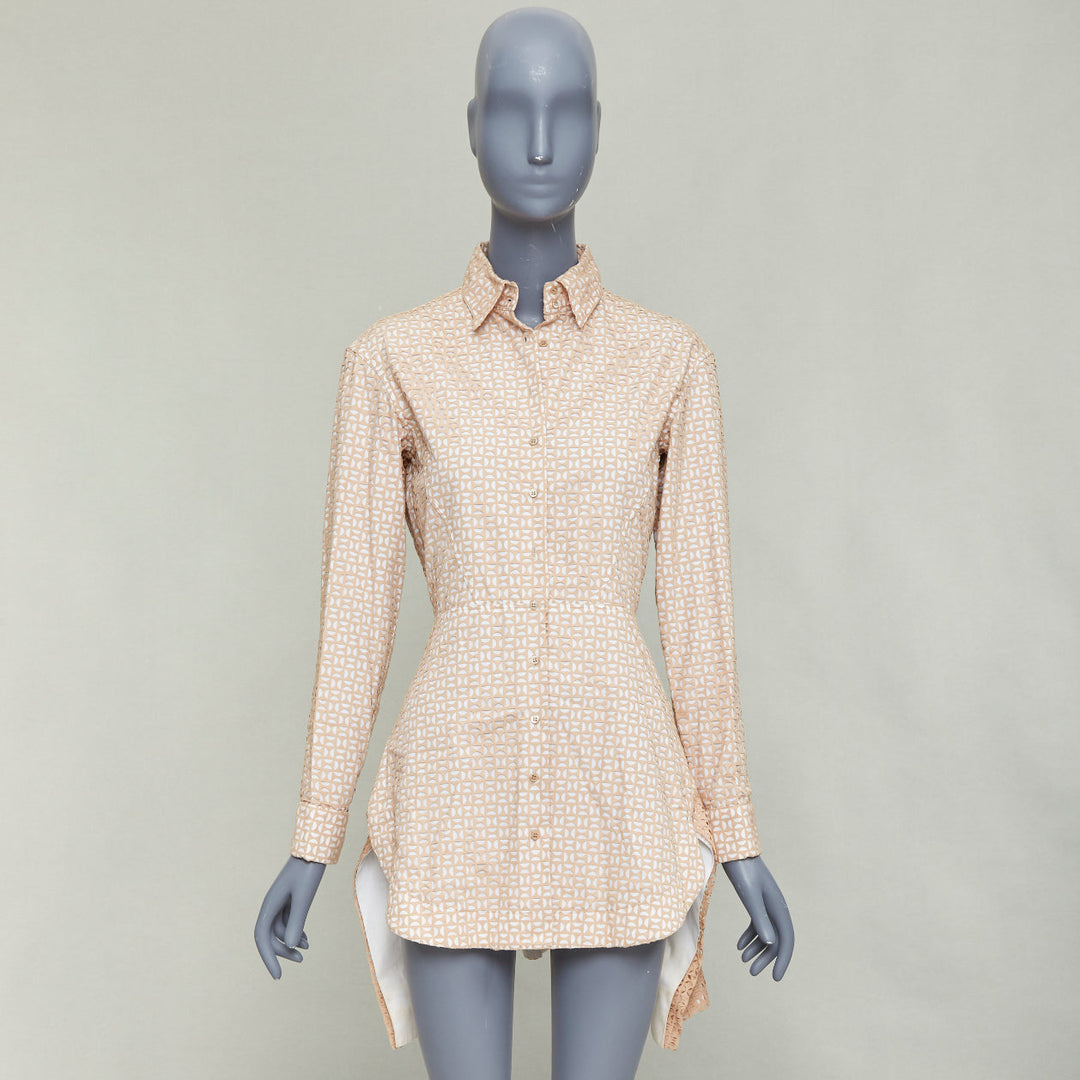ALAIA 2012 nude cream laser cut overlay cotton peplum shirt dress FR38 M
