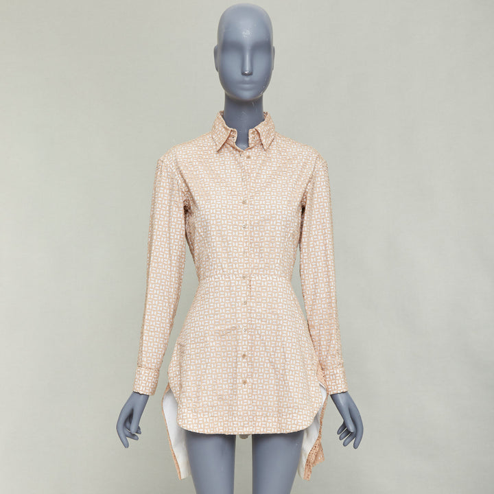 ALAIA 2012 nude cream laser cut overlay cotton peplum shirt dress FR38 M