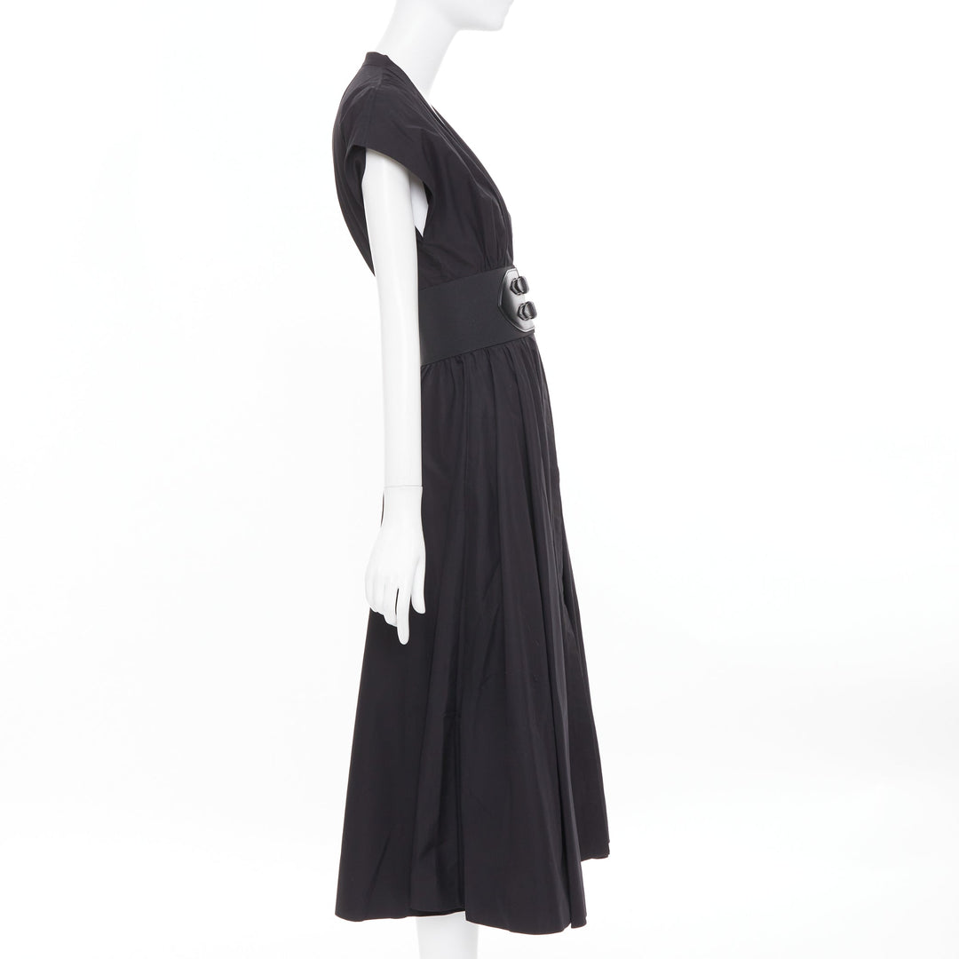ALAIA 2023 belted leather trimmed black corset poplin casual A-line dress FR36 S
