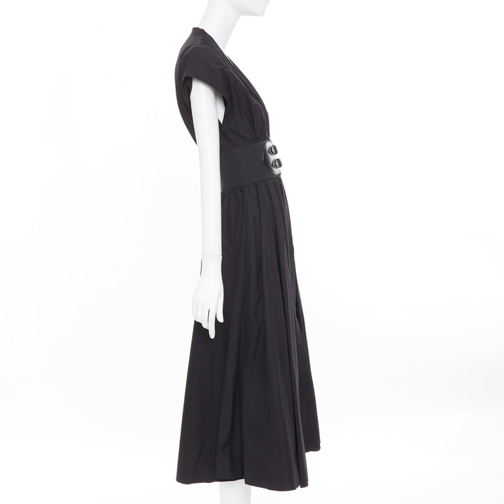 ALAIA 2023 belted leather trimmed black corset poplin casual A-line dress FR36 S