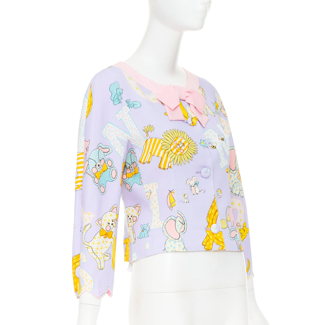 MOSCHINO COUTURE! 2022 Runway Calico Animals purple pink bow crop jacket IT44 L