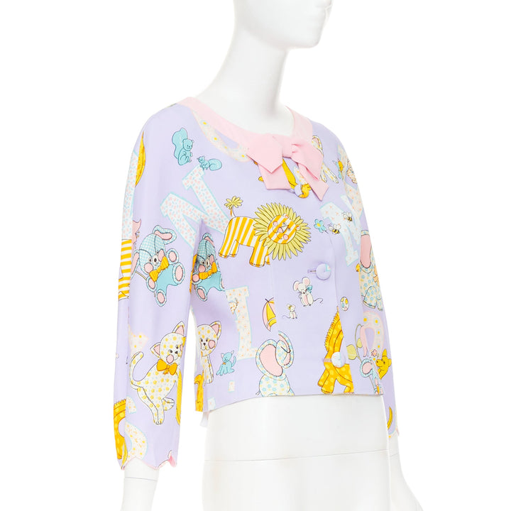 MOSCHINO COUTURE! 2022 Runway Calico Animals purple pink bow crop jacket IT44 L