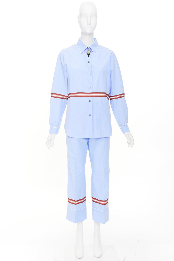 NO. 21 red stripe light blue cotton blend button shirt pants set IT42 M