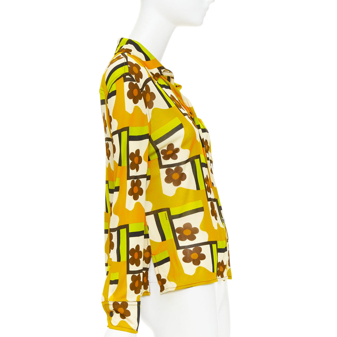 PRADA 2017 Runway green orange Mod graphic floral print viscose shirt IT40 S