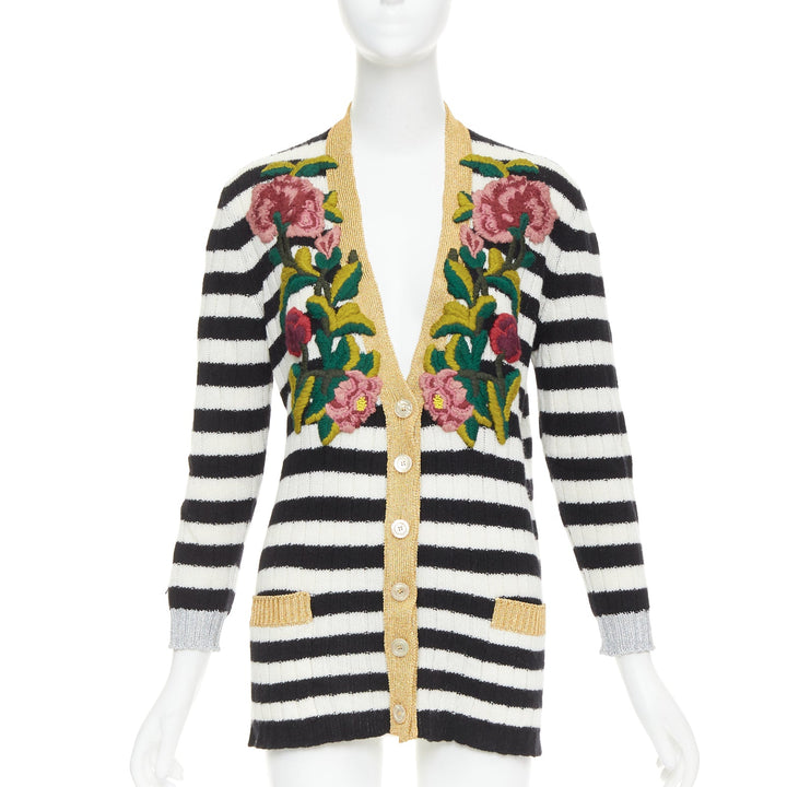 GUCCI Michele black white cashmere wool flower embroidered gold cardigan XXS