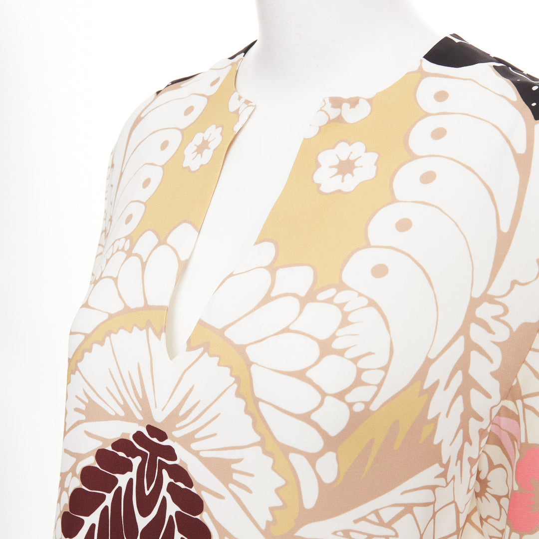 VALENTINO beige floral 18th century tapestry v neck tunic silk blouse IT36 XXS