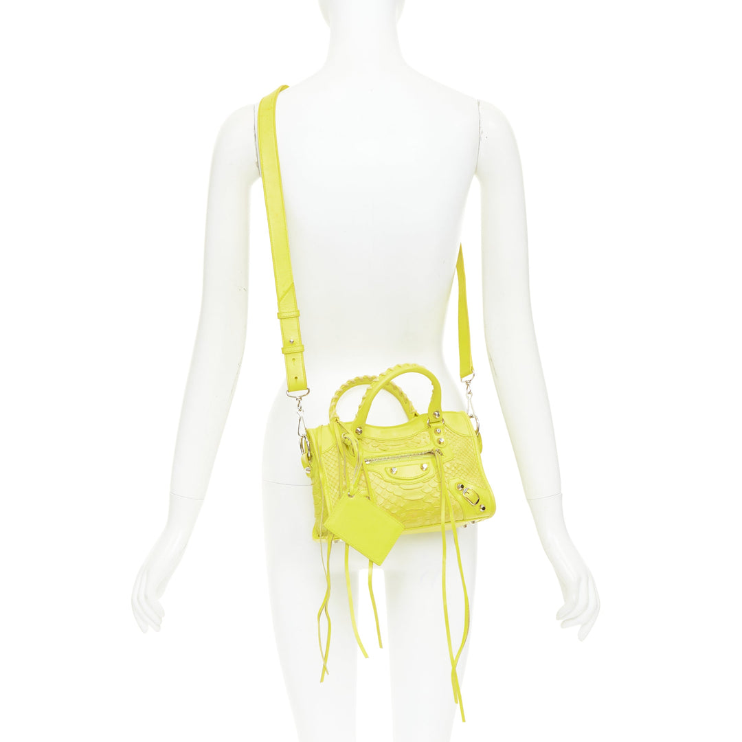 BALENCIAGA City Classic Mini neon yellow scaled leather motocross bag