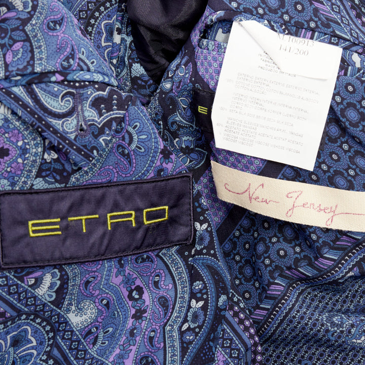 ETRO New Jersey navy cotton raw edge grosgrain paisley lined blazer IT48 M