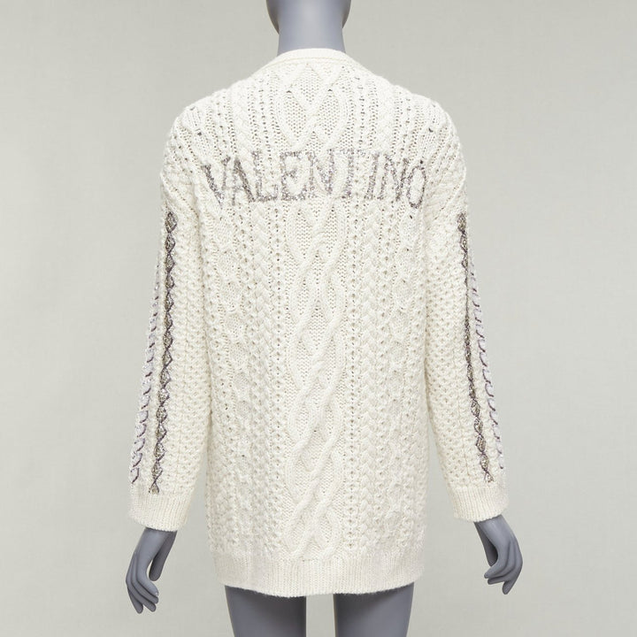 VALENTINO 2023 cream silver wool sequin logo embellished cardigan IT36 S