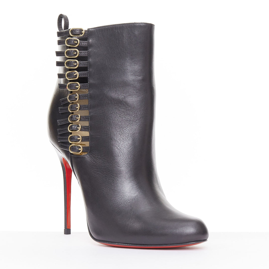 CHRISTIAN LOUBOUTIN Safety 100 black calf leather buckle stiletto boots EU37