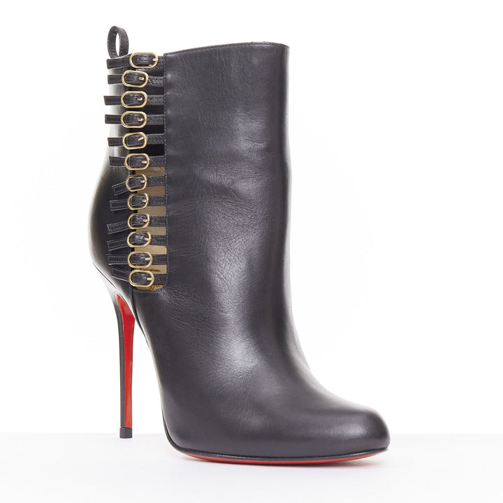 CHRISTIAN LOUBOUTIN Safety 100 black calf leather buckle stiletto boots EU37