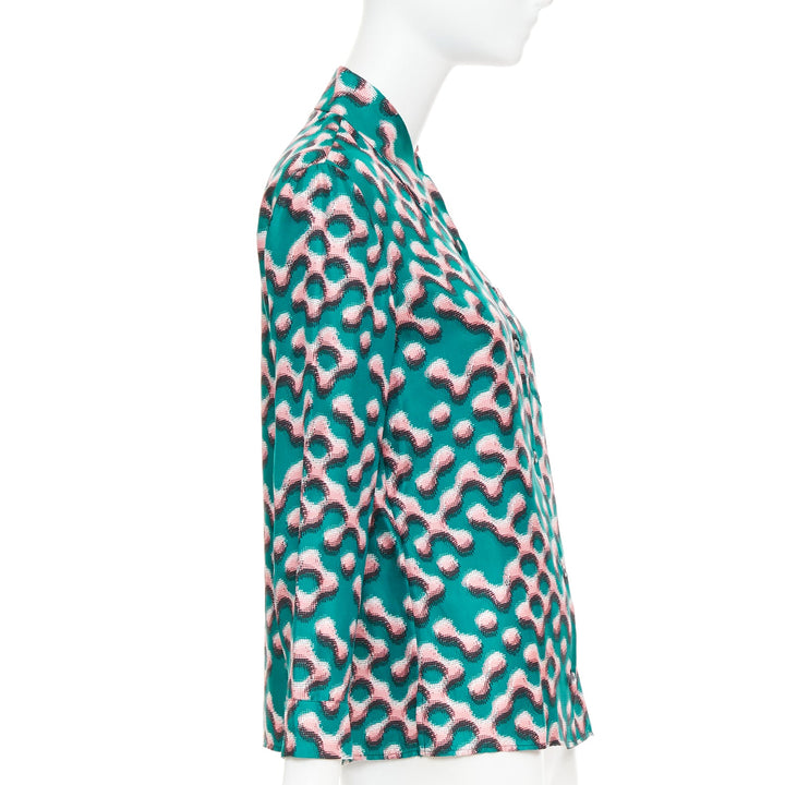 PRADA  100% silk green pink geometric print long sleeve shirt IT38 XS