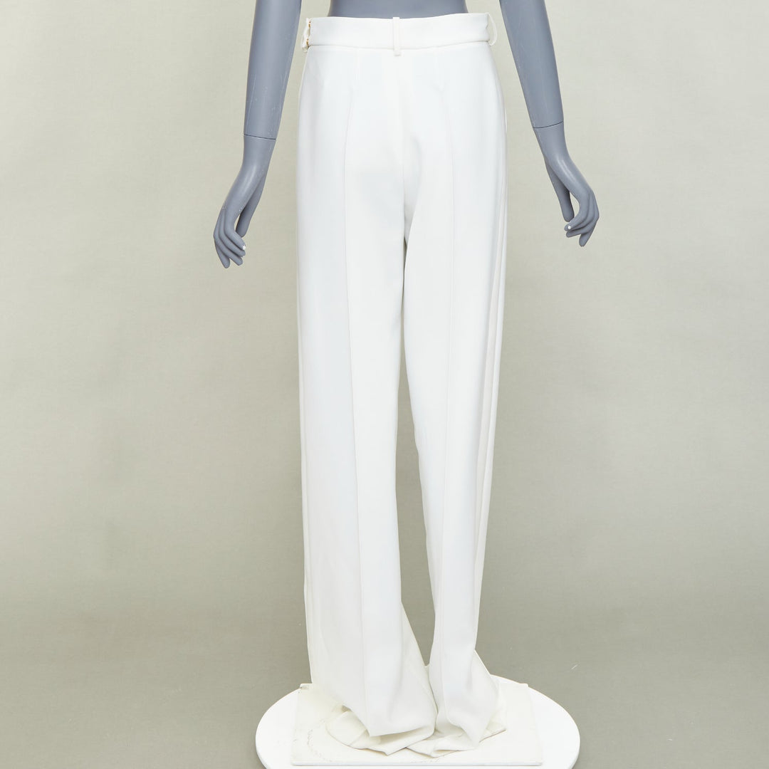 ALEXANDRE VAUTHIER white satin trim pleated front wide leg pants