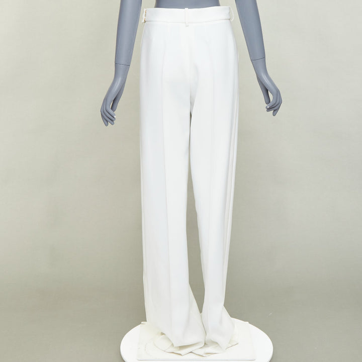 ALEXANDRE VAUTHIER white satin trim pleated front wide leg pants