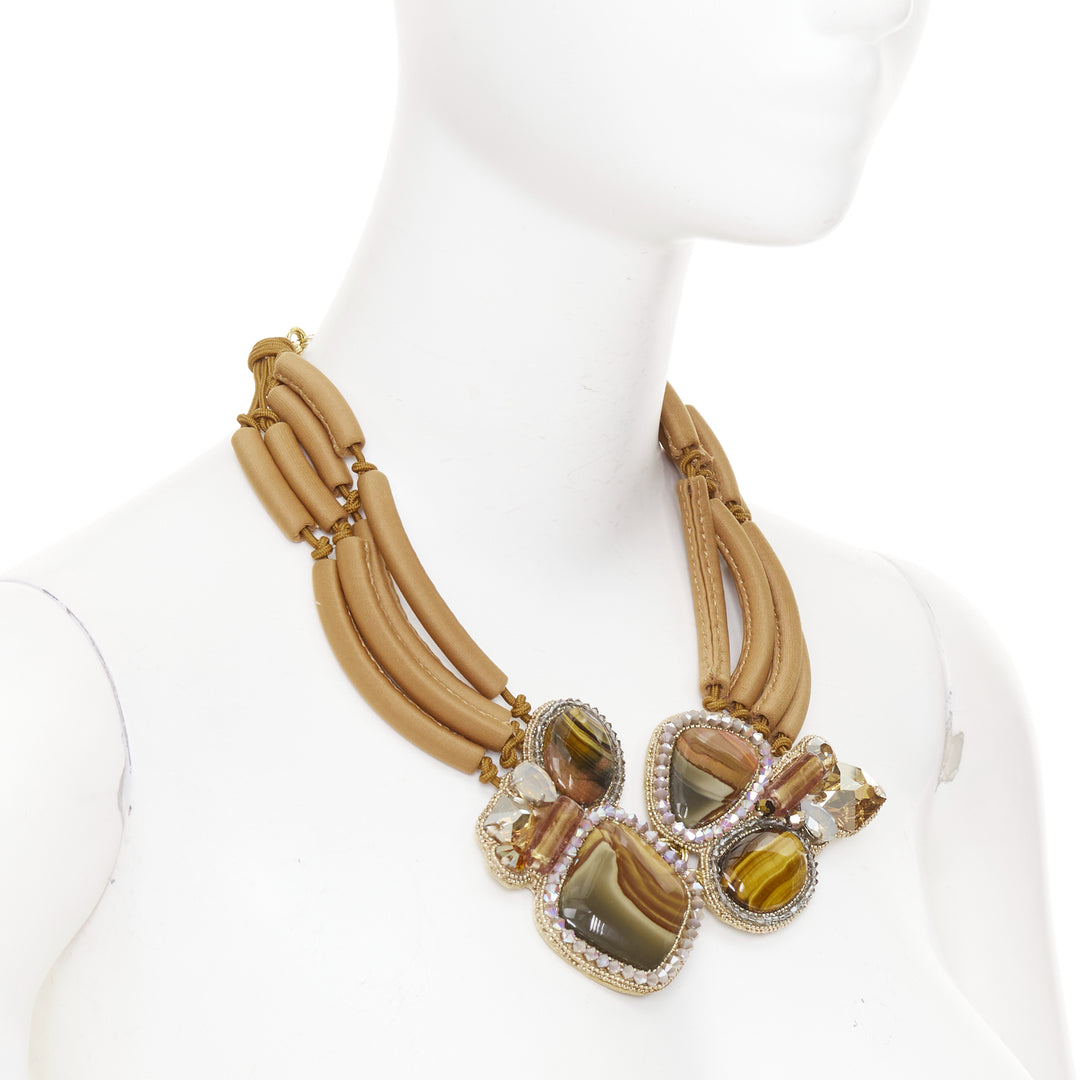 BEA VALDES Handcrafted Kittur  brown jasper stones crystal bugal bib necklace