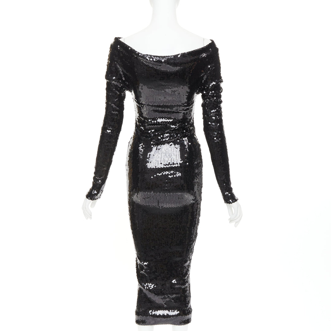 ALEXANDRE VAUTHIER SS2023 Runway black sequinned off shoulder stretch midi dress
