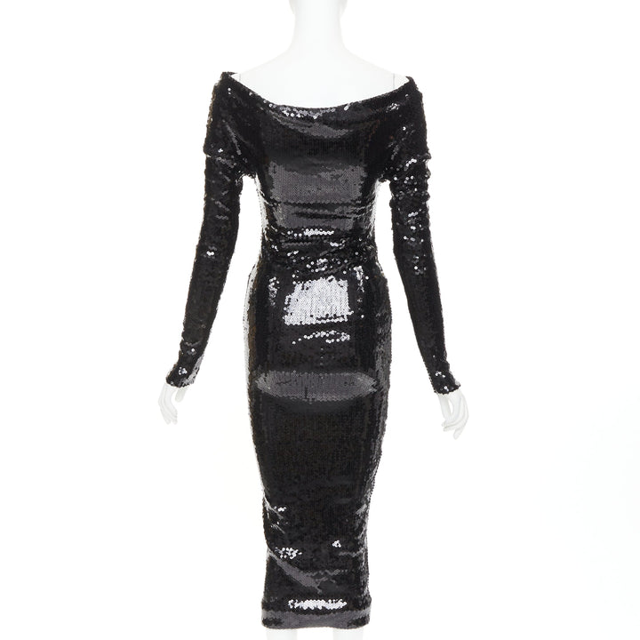 ALEXANDRE VAUTHIER SS2023 Runway black sequinned off shoulder stretch midi dress