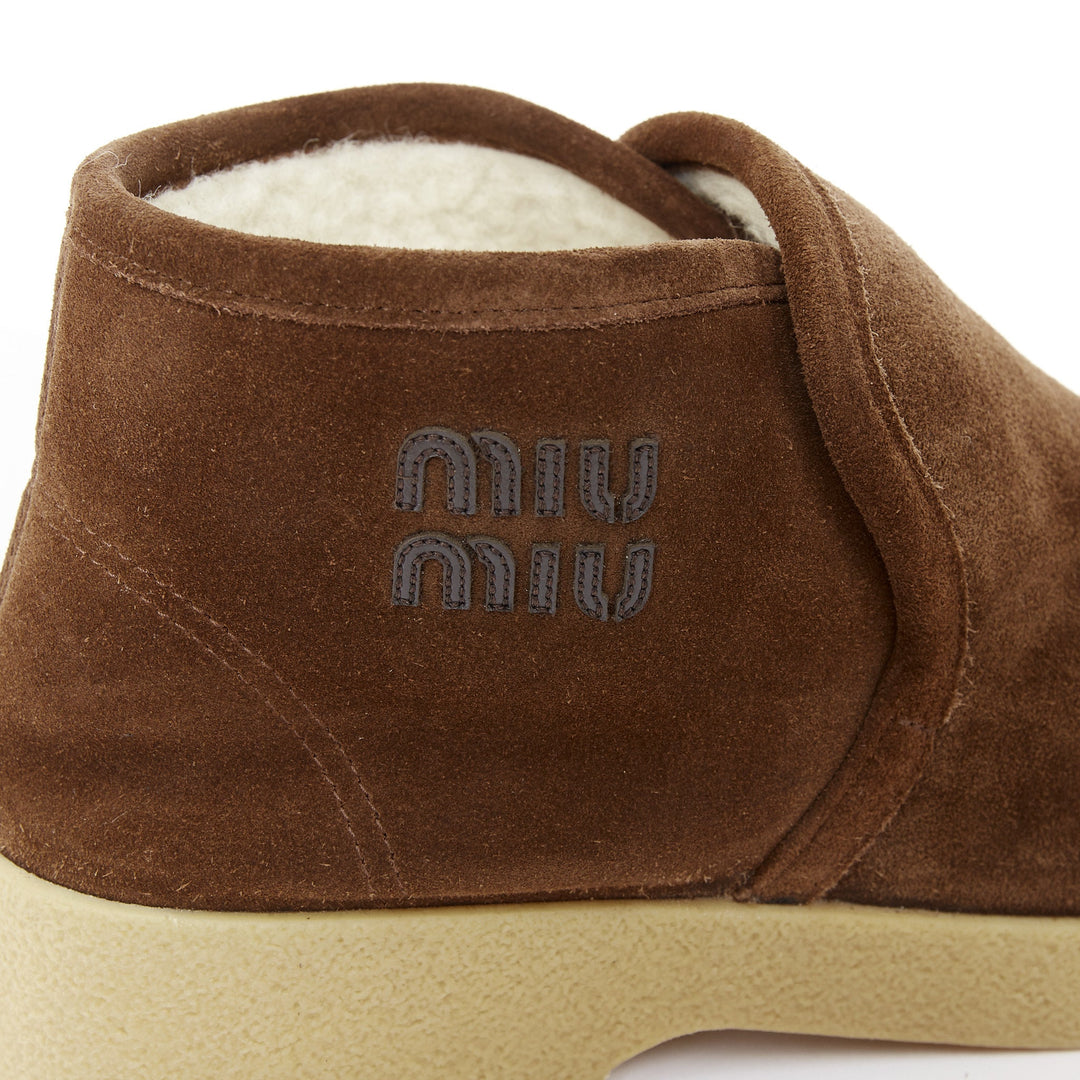 MIU MIU 2023 logo shearling lined brown suede comfort chukka ankle boots EU39