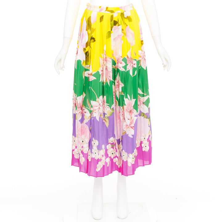 VALENTINO Flying Flowers silk colorblock pleated floral print midi skirt IT38 XS