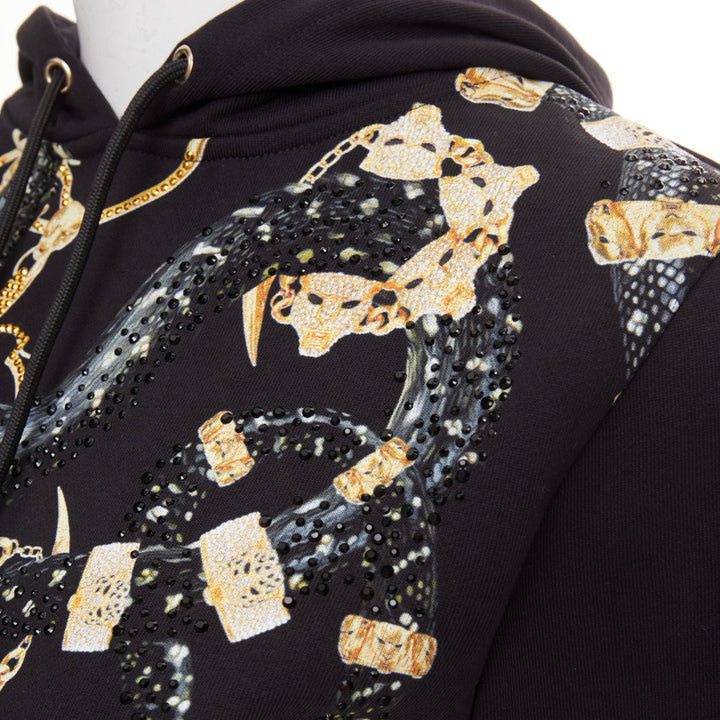 ROBERTO CAVALLI Snake And Logo-Print black cotton crystal embellished hoodie XS