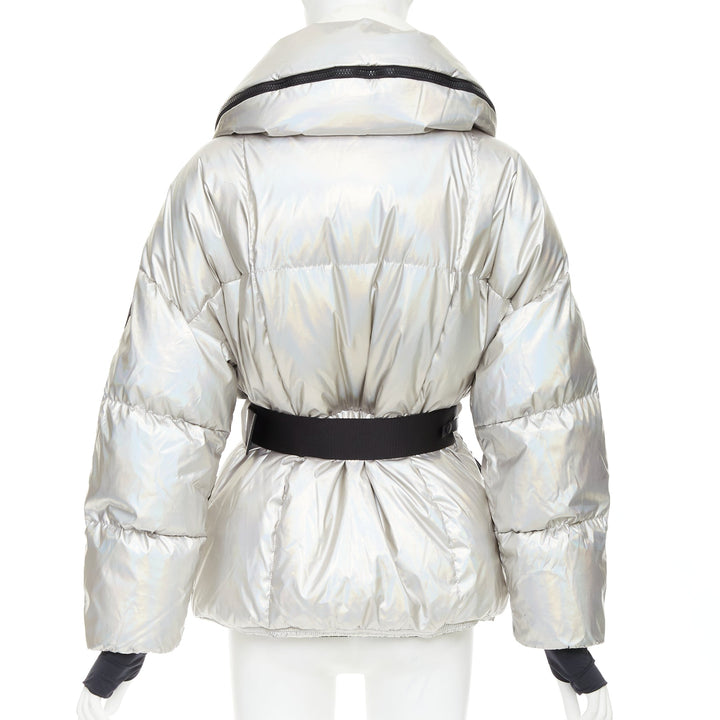 MONCLER Ollignan holographic silver duo collar belted puffer ski  jacket Sz.0 XS
