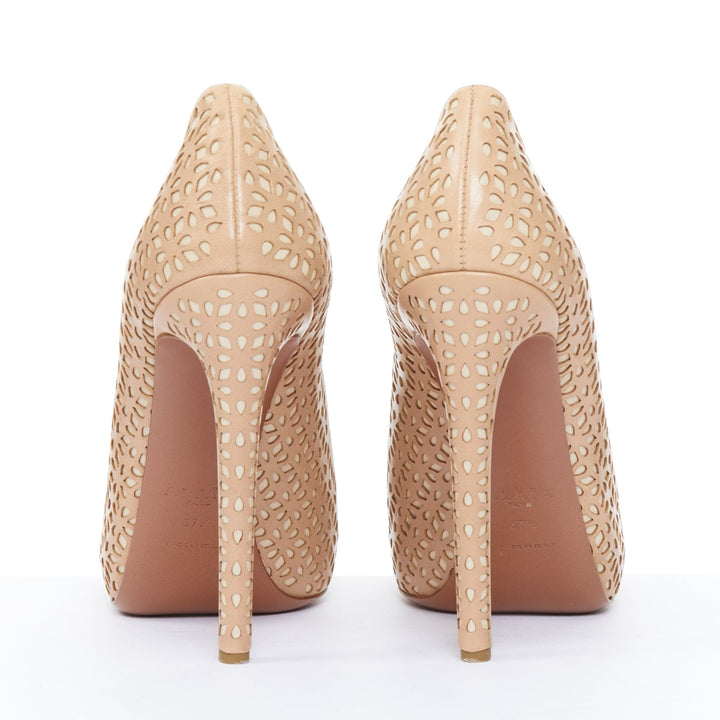 ALAIA nude Vienne laser cut leather almond toe stiletto classic pumps EU37.5