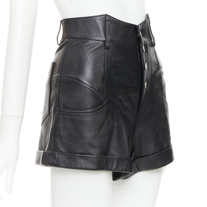 SAINT LAURENT 2019 black lambskin high waisted cuffed western shorts FR34 XS