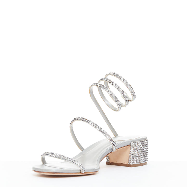 RENE CAOVILLA Cleo 45 silver strass crystal wrap around block heels EU37.5
