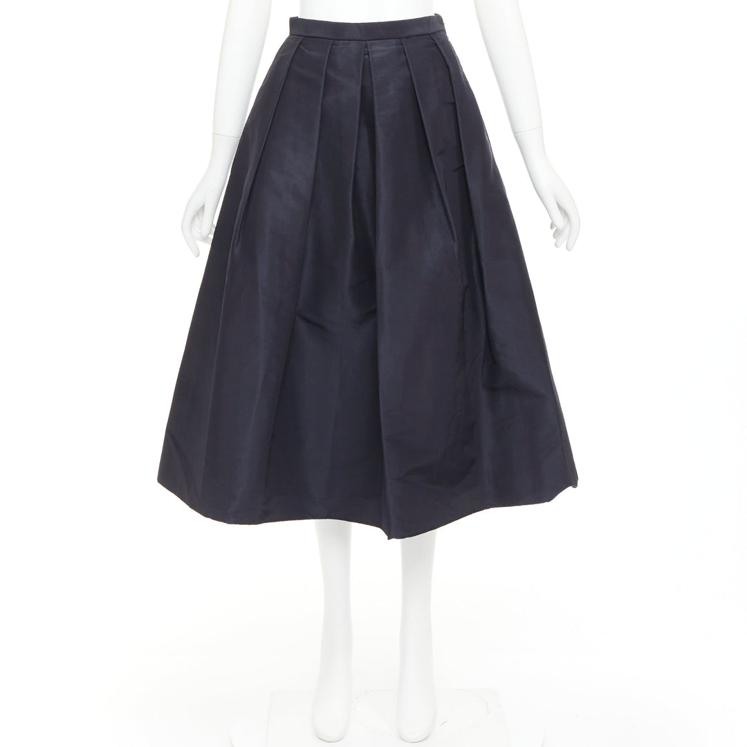 TIBI navy 100% silk satin crepe box pleated flared tea length midi skirt US0 XS