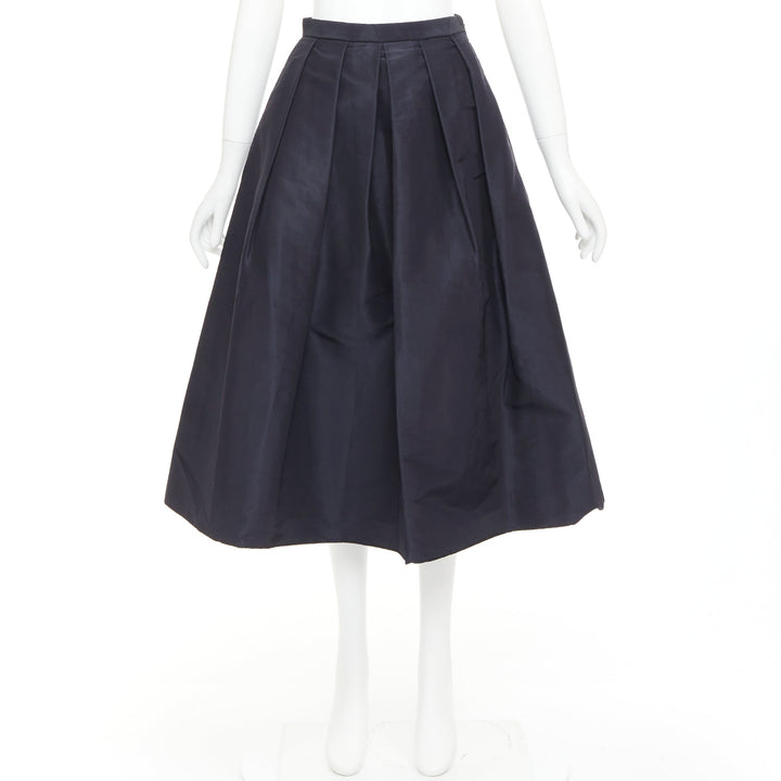 TIBI navy 100% silk satin crepe box pleated flared tea length midi skirt US0 XS