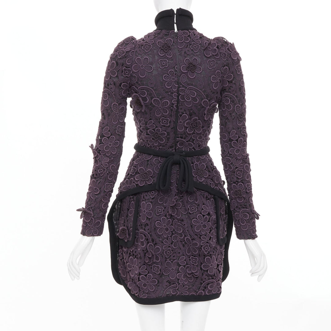 MIU MIU 2010 Runway lilac purple 3D crochet flower lace bow collar mini dress S
