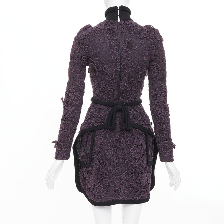 MIU MIU 2010 Runway lilac purple 3D crochet flower lace bow collar mini dress S