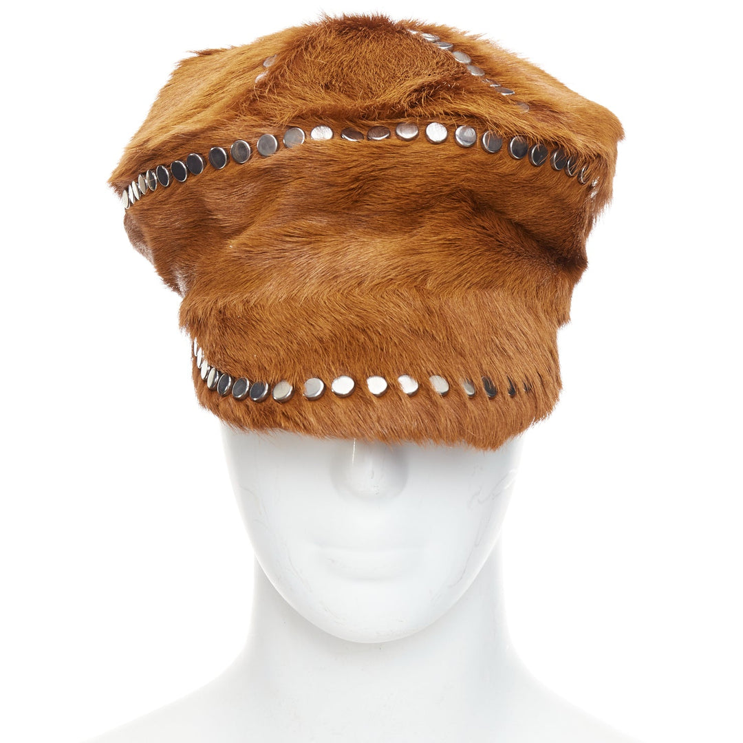 PRADA Runway cognac dyed calf fur silver studded cotton lined newsboy hat M