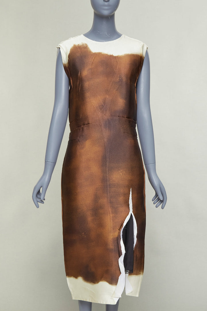 PRADA 2022 Runway brown cream silk blend tie dye trompe loeil slit dress IT38 XS