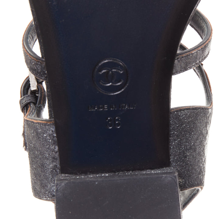 CHANEL black pony hair metallic leather CC charm T-strap thong flat sandals EU36