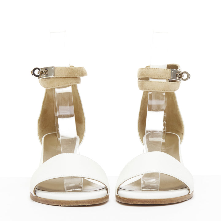 HERMES Manege Kelly silver turnlock white leather ankle strap sandals EU36.5