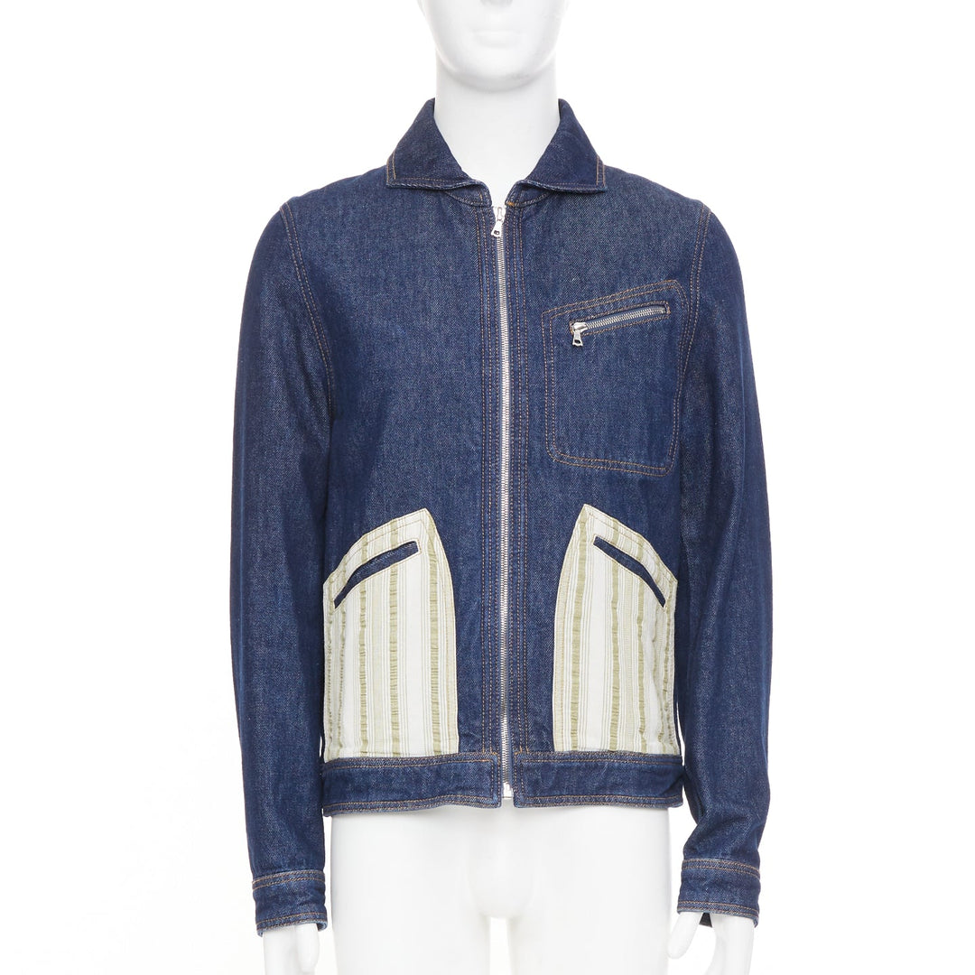 WALES BONNER Miles contrast stripe pocket raw blue multi denim outerwear IT46 S
