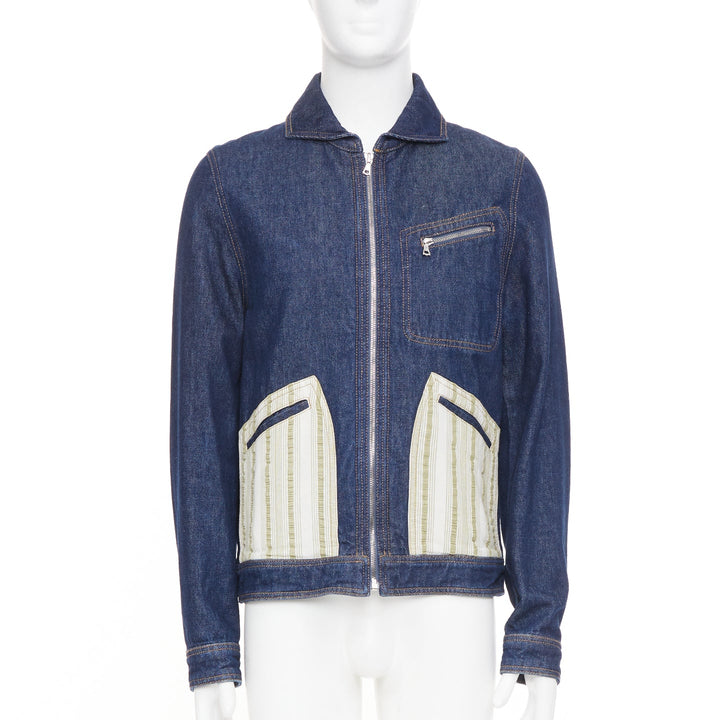 WALES BONNER Miles contrast stripe pocket raw blue multi denim outerwear IT46 S