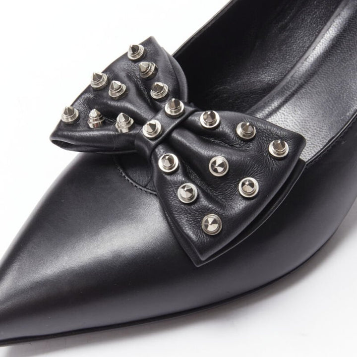 SAINT LAURENT silver spike studded bow point toe pump EU37