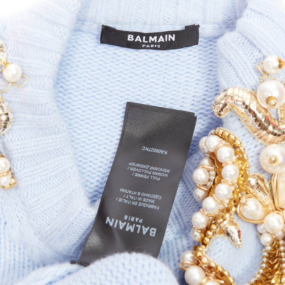 BALMAIN powder blue wool cashmere gold pearl embellished sweater FR36 S